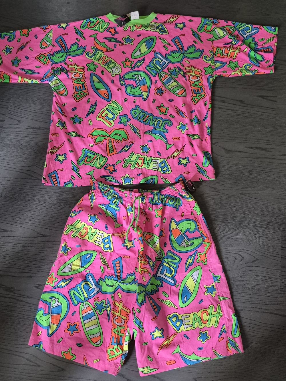 Vintage NWT 90's Ross Road Neon Surfer Beach Graffiti Festival Cotton Set